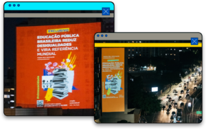 Imagens que mostram na esquerda o Minhocão - SP e Av. Paulista à direita. Nesses locais existem projeções artísticas sobre a Educação Básica pública com recortes de livros e com fundo laranja.